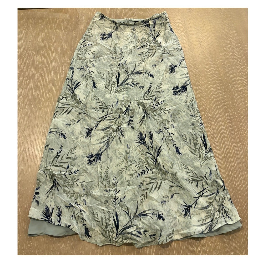 Liz Claiborne Collection 100% Silk Midi Skirt Sage Green Botanical Leaf Print 8